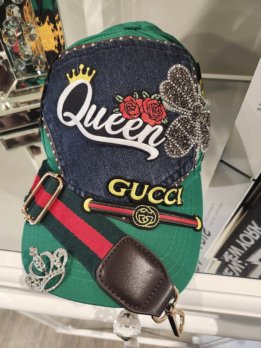 Custom Made Gucci Embroidered Color Block Baseball Cap Green & Denim